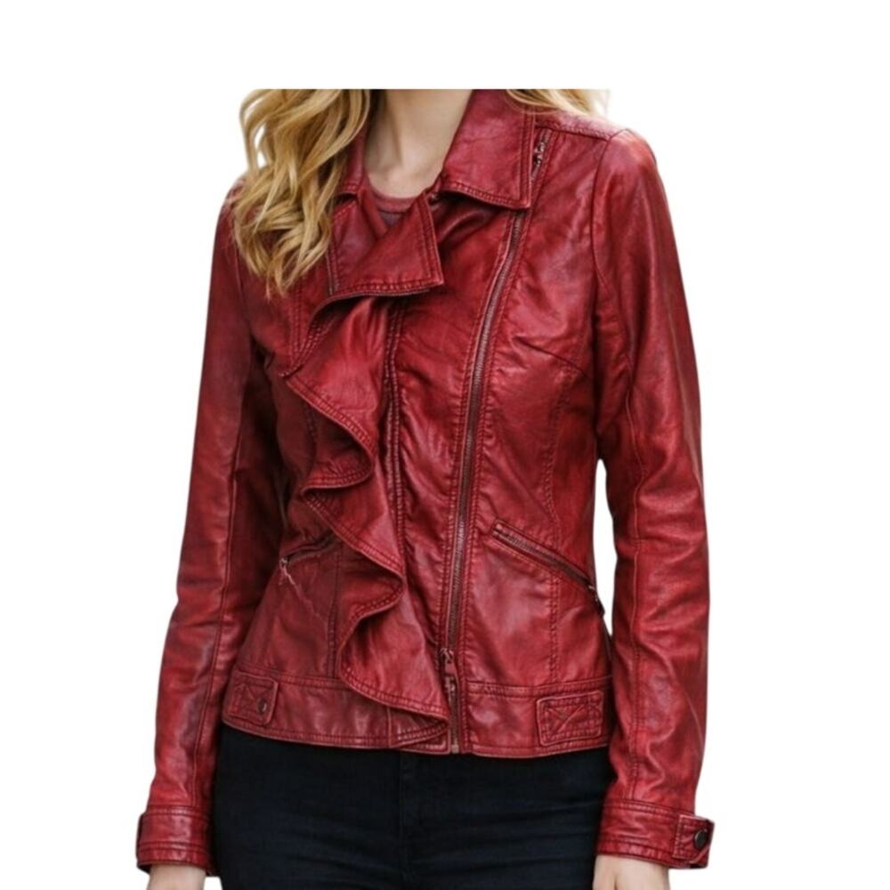 Y2K Jolt Red Ruffle Faux Leather Pleather Biker Jacket Coat Womens Medium